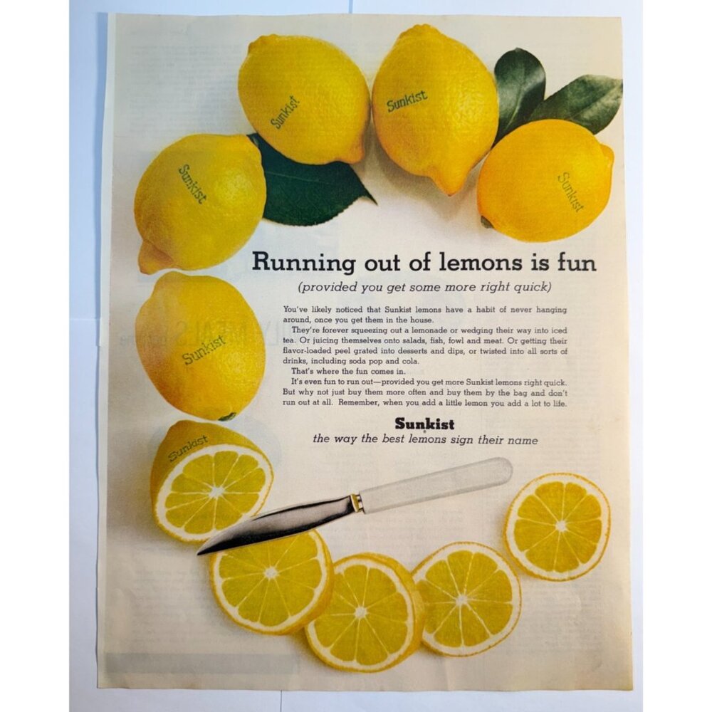 Vintage 1961 Sunkist Lemons Running Out of Lemons Food Advertisement Print Ad